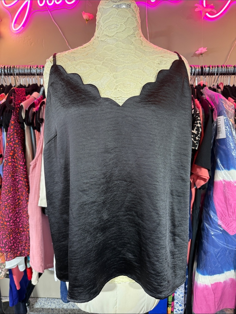Skies Are Blue Black Scalloped Satin Cami NWOT